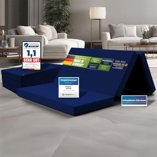 SHOGAZI Klappmatratze 140x200 x 12 cm, Gästematratze klappbar Made in Germany, Faltmatratze VERGLEICHSSIEGER, ultimativer Schlafkomfort, Orthopädischer Kaltschaum - Marine