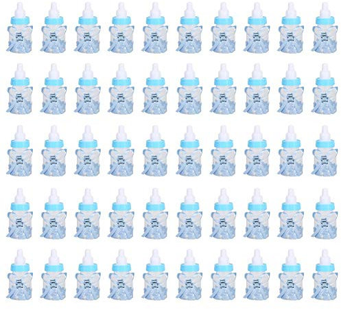 FIYO 50 Stück Babyparty-Babyflasche, Mini-Babyflasche, Geschenkbox, Süßigkeiten-Geschenkflasche, Süßigkeiten-Schokoladenflaschen-Box für Babyparty-Party(Blau)