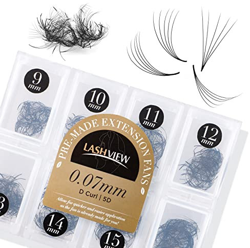 LASHVIEW 1000 Premade Volume Eyelash Extensions Mixed Tray 5D Premade Fans Eyelash Extensions D Curl Premade Lash Fans Pointed Handmade Promade Loose Fans Thin Base (5D-0.07D,9-16mm)