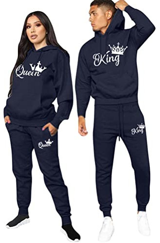 Minetom Pärchen Sportanzug King Queen Druck Pullover Hoodie Kapuzenpullover Liebespaar Couple Jogginganzug Freizeitanzug mit Taschen Oberteile und Hose Set Z Blau King XL