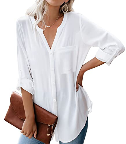 Dordanity Damen Bluse Elegant V-Ausschnitt Hemd Langarm Casual Arbeit Einfarbig Button Down Lose Langarmshirt Oberteile Tops