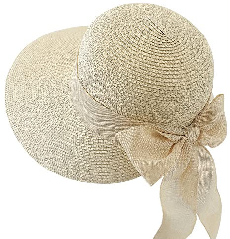 QCHOMEE Women Wide Brim Straw Hat Ladies Panama Church Derby Cap Sun with Cotton-Ramie Bow Bucket Classic Flat Fedora Trilby Jazz for Wedding Party Talent Show Performance Beige