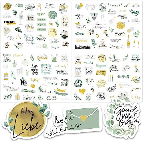 Sticker Geburtstag (134 Motive) - Aufkleber für Fotoalbum oder Gästebuch - Liebevoll gestaltete Geburtstagssticker als Deko für die Party - Für Erwachsene im eleganten Design (Gold-Grün)