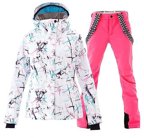 ALSOGO Damen Skianzug Schneeanzug Winddicht Wasserdicht Skifahren Snowboardjacke Trägerhose Set Zum Skifahren Snowboarden Klettern SMNWT+Pink XL