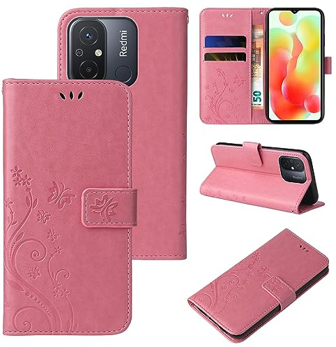 LBH Handy Hülle für Xiaomi Redmi 12C Case Handytasche Schmetterling Blumen Flower Standfunktion Schutzhülle Magnet Rundum Schutz 360 Grad Flipcase Cover Rosegold