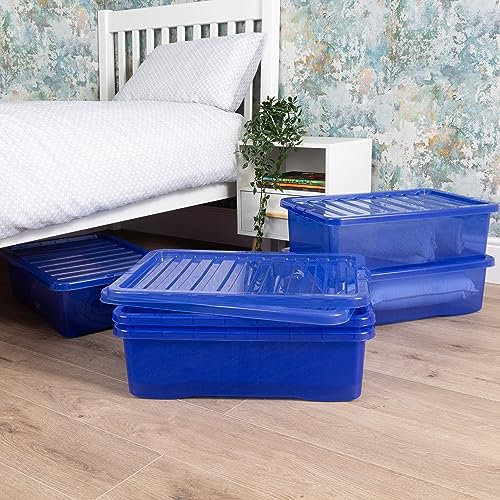 Wham Crystal 5x 32L Plastic Storage Boxes with Lids Tint Spectrum Blue. Medium Size, Under Bed Storage, Strong (Pack of 5, 32 Litre). Made in the UK
