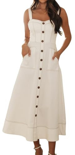 XUSAI Einfarbiges, schlankes Vintage-Jeanskleid für Damen, sexy, ärmellose Hosenträger, fließendes langes Jeanskleid,Weiß,M