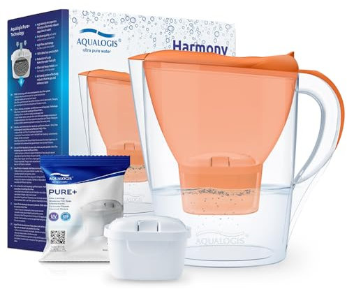 Aqualogis Harmony - Caraffa filtrante per frigorifero da 2,6 l, per ridurre microplastiche, incrostazioni, cloro, sapore e odori, senza BPA, (filtro di ricambio: Pure+) (arancione)