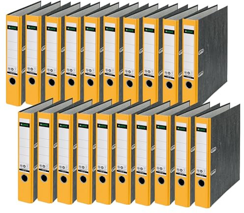 Leitz Qualitäts-Ordner, 20er Pack, das Original, DIN A4 Aktenordner schmal, 5 cm breit, Wolkenmarmor-Papier, Recycling-Ordner, Blauer Engel, Mit 180° Mechanik, Höchste Stabilität, Gelb, 10505015