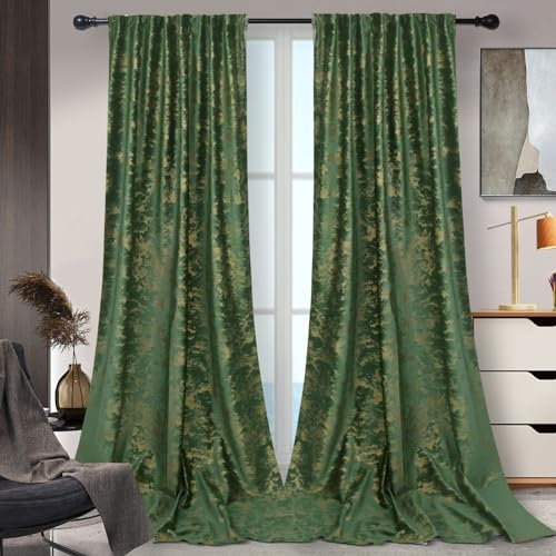 Rosnek Samt Vorhang Grün Blickdicht 2er Set,H244xB132CM Gardinen Kräuselband mit Heißprägen Muster,Thermogardine Verdunklungsgardine mit Multifunktionsband,Olivgrün