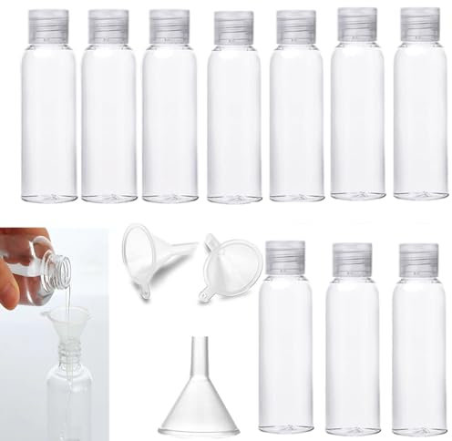 Bottiglie da viaggio 100 ml, 10 flaconi liquidi da riempire con Viaggio Aereo con 3 Imbuti, ContenitoriContenitori di plastica trasparente, bottiglie per cosmetici per Shampoo Lozioni Liquide Creme