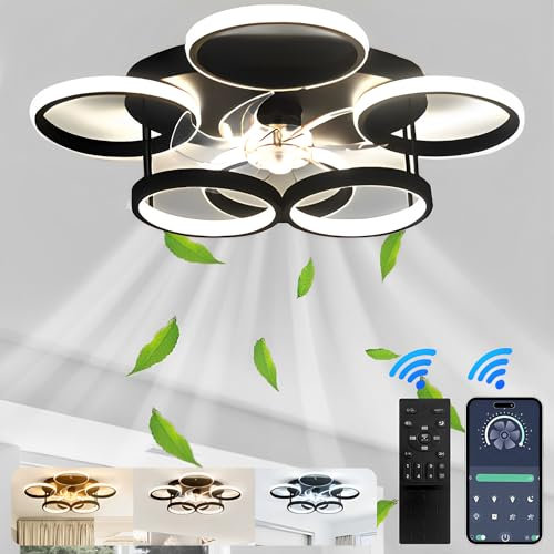 Qiaomao Ventilateur de Plafond Silencieux Avec Lumiere, 75W Dimmable Plafonnier Ventilateur LED, Lustre Salon LED Design à 6 Anneaux Avec Télécommande et APP, 6 Vitesses, Réversible, Minuterie, Noir