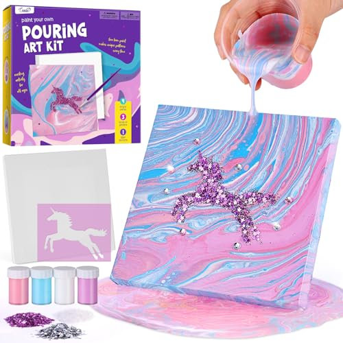 LAOESE Einhorn Leinwand Gießfarben Malset, Bastelset für Kinder, Einhorn Geschenke für Mädchen Junge 6 7 8 9 10 Jahre, Unicorn Spielzeug, Kreativ Basteln Mädchen 4-12 Jahre Geschenkideen