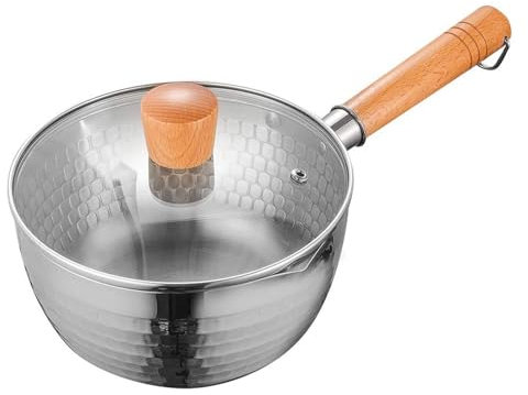 RSBFER Yukihira Saucepan, Traditional Japanese Yukihira Pot Stainless Steel Saucepan Milk Sauce Pan with Glass Lid, Wooden Handle, Cooking Tool,16cm/6.3in