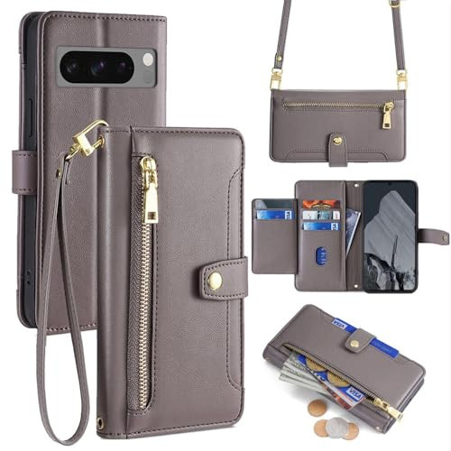 betterfon Hülle Kompatibel mit Google Pixel 8 Pro | Leder Handyhülle Praktische Handykette Kartenfächer Brieftasche Umhängetasche Kompatibel für Pixel 8 Pro | Grau