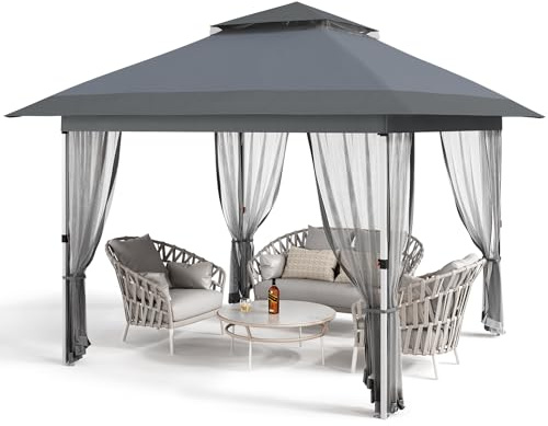 GarveeLife 12 ft x12 ft Gazebo Outdoor Pop up Canopy Tent with Curtains and 144 Square Shelter for Patio,Backyard Party, with Mosquito Netting, 2-Tiered Vented Top (Gray)