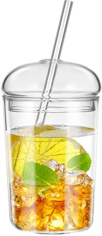 TRYQTYL 450ml Glass Tumbler with Glass Lids and Straws, High Borosilicate Drinking Glasses Glass Cup, 16 Oz Iced Coffee Cup Juice Drinking Cup, Smoothie Cup Dome Tumbler for Iced Tea