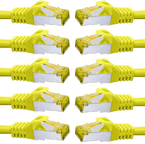 BIGtec LAN Kabel 10 Stück 0,15m Netzwerkkabel CAT7 Ethernet Internet Patchkabel CAT.7 gelb Gigabit doppelt geschirmt Netzwerke Router Switch 2 x Stecker RJ45 kompatibel zu CAT.5 CAT.6 CAT.6a CAT.9