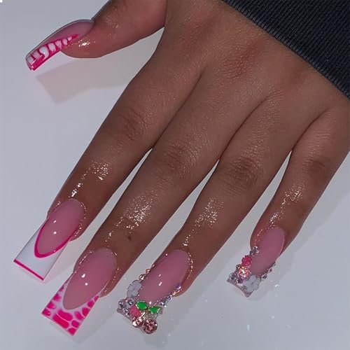 GlamRays Pink French Nails Press On Duck Style False Nails with Rhinestone and Cherry Designs Shiny Nail Tips Set of 24