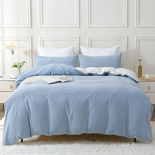 SOULFUL Housse de Couette 240x260 Coton, Bleu Clair Ensembles de Housse de Couette avec Fermeture Éclair, 100% Coton Lavé, Texture Lin, Parure de Lit 240x260 Coton avec 2 Taie d'oreiller 65x65 cm