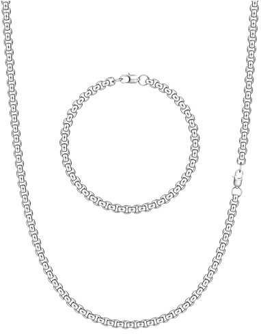 CASSIECA 2Pcs Silver Chains for Men 316L Stainless Steel Mens Pearl Chain Mens Link Chain Necklace and Bracelet Set Hip Hop Jewelry Men's Jewellery for Husband Son Boys