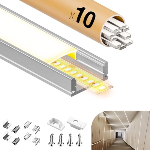 GEEKLUX LED Profil,10×2metre LED Aluminium Profil,LED Schiene von Für Strip,Diffusor Kanal mit Weiß Milchige Abdeckung，Endkappen und Montageklammer,Strips/Band bis 12 mm (U-20M)