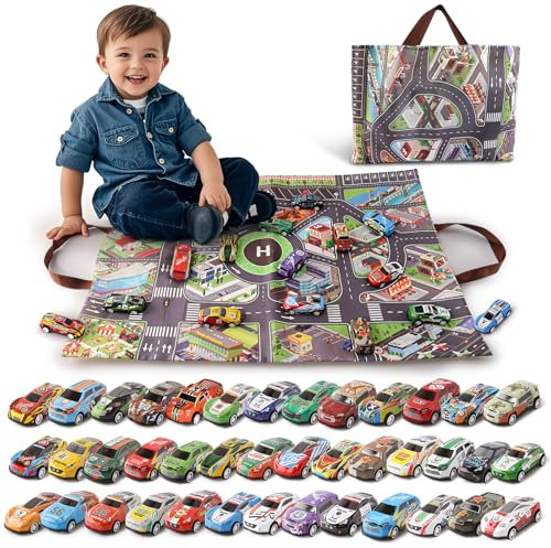 Varrotoy Auto Spielzeug Set, 40 Stück Spielzeugautos mit Spielmatte, Kleine Mini Autos für Kinder Jungen Mädchen ab 3 4 5 Jahre, Geschenk Spielzeugauto ab 2 Jahre