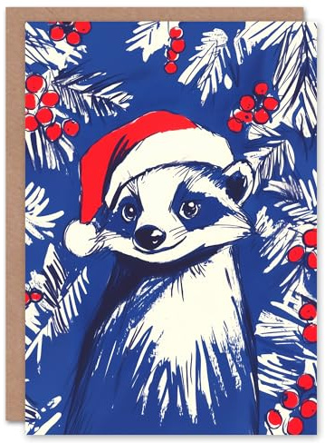 Artery8 Santa Hat Badger Holly Plant Berry Blank For Him Or Her Art Xmas Festive Christmas Card