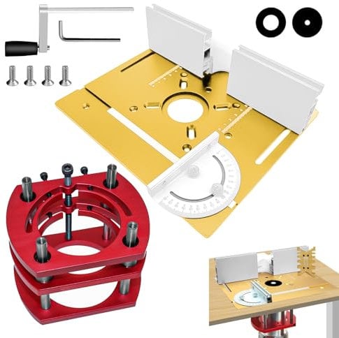 Mesa Fresadora para Madera Aluminio, Kit de Sistema de Elevación de Mesa Para Fresadora, Sujeción de 4 Mordazas, Router Table Lfit para Carpintería, Ranurado y Recorte(oro)