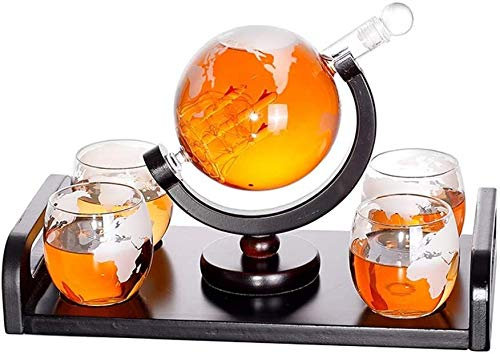 DEFBOW Whiskey Decanter Sets for Men, Whisky Carafe 1000 Ml Mouth-Blown Globe and 4 Glasses Set of 300 Ml Glass World Decanter Gin Sloe Glass Bottle Liqueur Schnapps Wine Decanter