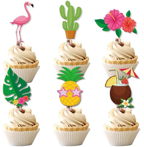 Ovanda 24 Stück Hawaii Tortendeko, Tropical Cake Topper, Hawaii Kuchendekoration Set mit Flamingo Cupcake Topper Kuchen Deko Ananas Palme Kuchendeko Blumen Torten Deko,for Luau Summer Strand Bar Party