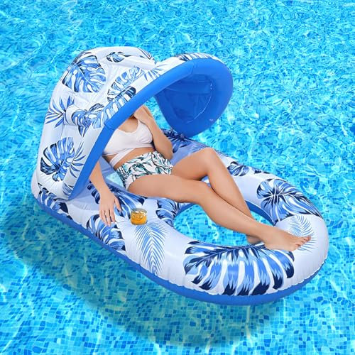 Poolfloß mit Baldachin, aufblasbar, extra groß, Poolstuhl, Lounge-Schwimmer mit Getränkehalter, Kopfstütze und Fußstütze, Wasserschwimmer für Erwachsene