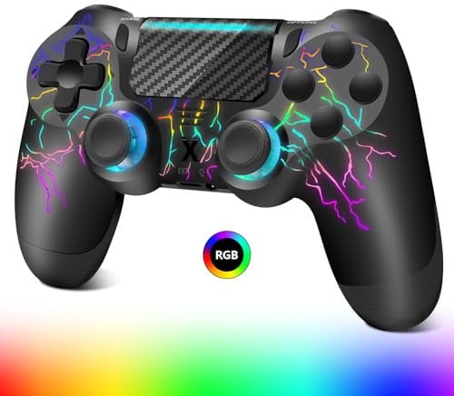 Suoxiom Mando inalámbrico para PS-4, mando compatible con PS-4/Pro/Slim, mando Bluetooth con iluminación RGB, batería de 1000 mAh, conector de audio de 3,5 mm y función turbo