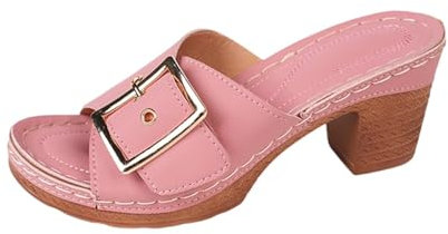 Pantofole da donna in pelle con tacco, estive, sandali da spiaggia, eleganti con tacco a blocco, scarpe estive, sandali da spiaggia, sandali casual da donna, Colore: rosa., 39 EU