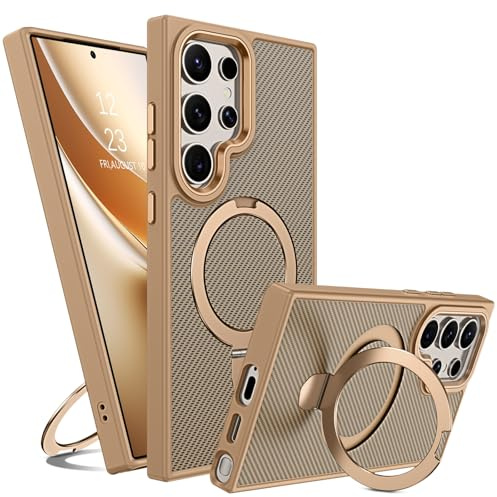GUAGUA Magnetisch Handyhülle für Samsung Galaxy S24 Ultra Hülle [Kompatibel mit MagSafe] mit Ring Ständer Carbon Fiber Muster Stoßfest Schutzhülle Case für Samsung S24 Ultra (6,8'') Titan Wüstensand
