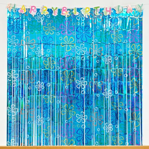 Fransenvorhänge mit Blumen und Blasen, für Geburtstagspartys, 1 x 2 m, blaues Meer, Cartoon-Thema, Party, Lametta, Folien-Fransen, Fotohintergrund, 2 Stück