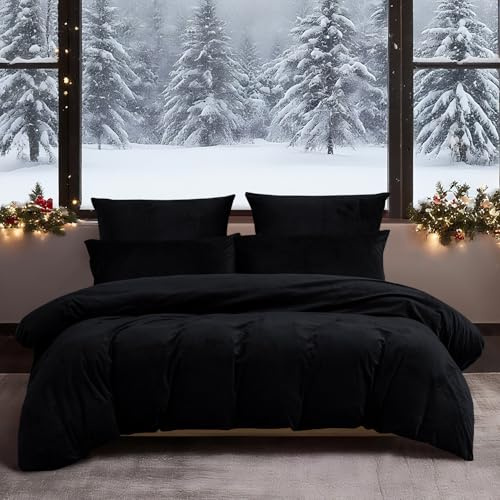 YASMENG Winter Bettwäsche 220x240 Schwarz Uni Warm Kuschelig Flauschige Bettwäsche Winter Weich Warme Samt Plüsch Fleece Flanell Bettbezug Set 3 Teilig mit Reißverschluss und 2 Kissenbezüge 80x80 cm