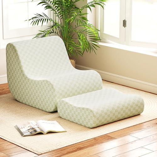 GOPLUS Sitzsack Sessel mit Hocker für Erwachsene, Sitzsackstuhl mit Ottomane für Wohnzimmer, Liegesofa-Set mit weichem Schwamm & waschbarer Teddyfleece-Bezug, Bodenstuhl für Schlafzimmer (Grün)