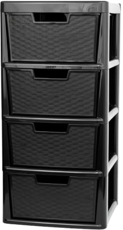 KYY'Z - Large Plastic Rattan Storage Drawers Unit with Deep Pull-Out Baskets - Durable Multipurpose Cabinet Organizer for Home Office, Bedroom, Bathroom, Garage, Utility Room (Rattan/Black, 4 Tier)
