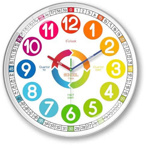 Uncle Yang Kinder Lernuhr 8 Zoll – Bunte Wanduhr zum Uhrzeit Lernen, Geräuschlos & Nicht tickend, Quarz Wand Uhr für Kinderzimmer Klassenzimmer Wohnzimmer Schlafzimmer, Silber