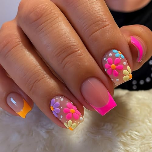 Vibrant 3D Floral Press on Nails with Glossy French Tips - 24 Pcs Short Square False Nails Kit, Reusable & Easy Apply for Women Teens, Spring Summer Art Designs, Nude Sheer Base Handmade Acrylic