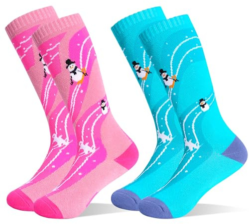 HYCLES Kids Ski Socks, Long Keen High Thermal Winter Socks for Boys, 2 Pairs Colorful Warm Ski Socks for Children, Soft Breathable Winter Outdoor Ski Socks for Skiing Skating Snowboarding