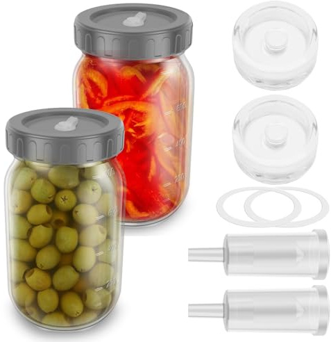 2 Stück Fermentier Set 800ml, Fermentierglas mit Gärventil Dichtungsring Silikon, Einmachgläser zum Fermentieren Kimchi Sauerkraut Marmelade Aufbewahrung Süßigkeiten Nüssen Bohnen (PP-Abdeckung)