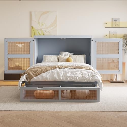 VIEKOS Schrankbett 140x200cm, Wandbett mit Lattenrost, Wandklappbett, vertikales schrankbett mit Lattenrost, mit Stauraumschubladen, Rattan-Design, Holzbetten, Jugendbetten, Einzelbetten, Grau