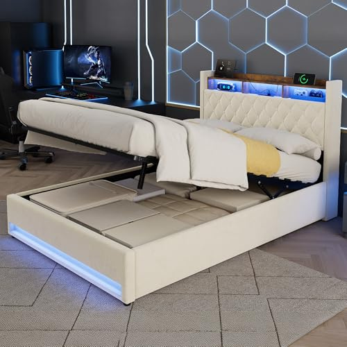 okwish Bett, Bettgestell, Doppelbett, Jugendbett, 140x200 cm, LED-Beleuchtung, Ladestation, Bettkasten, Kopfteil mit Stauraum, Metallrahmen, Lattenrost aus Holz, Samt, Beige, ohne Matratze