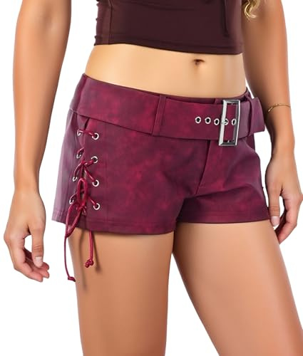Ausing Damen Shorts PU Leder mit Schnüre Hose Kurz Party Karneval Outfit Sexy Outfit Rave Hotpants Elegant S-XL