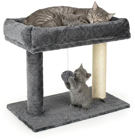 Kratzbaum 41 cm Hoch, Katzenbaum klein mit Plattform aus Plüsch & Sisal, Katzenkratzbaum mit Liegeplatz, Kratzsäule für Katzen, mit Plüschball, Kratzbaum grau BE-ACTIVE PL