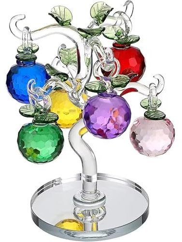 JAYOGLA Crystal Glass Apple Tree Ornament Multi-Colour Decorative Tree Figurine with Base, Feng Shui Style Home Décor Gift - 14.5cm