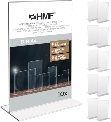 HMF Présentoir de Table Acrylique A4 Format Portrait, Porte Menu Restaurant, Double Face, Support Affiche Publicitaire pour Bureau, Restaurant, Menu | Transparent