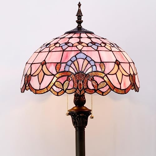 WERFACTORY Tiffany Floor Lamp Pink Baroque Stained Glass Standing Reading Light 16X16X64 Inches Antique Pole Corner Lamp Decor Bedroom Living Room Home Office S003P Series
